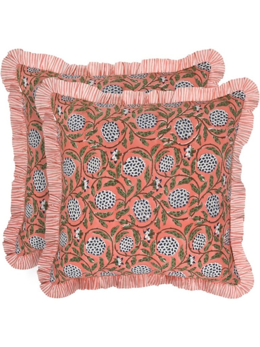 Set of 2 Ruffle Pillow Covers - Dark Salmon Pink Block Print, 24x24 Inch Decor